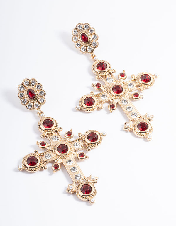 Red Statement Cross Earrings