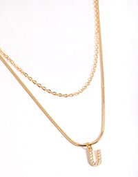 Letter U Gold Plated Layered Diamante Initial Necklace - link has visual effect only