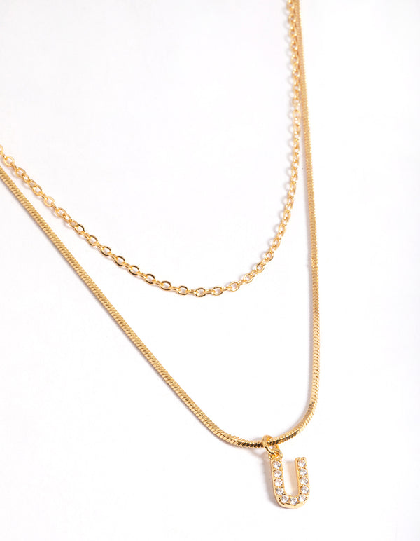 Letter U Gold Plated Layered Diamante Initial Necklace