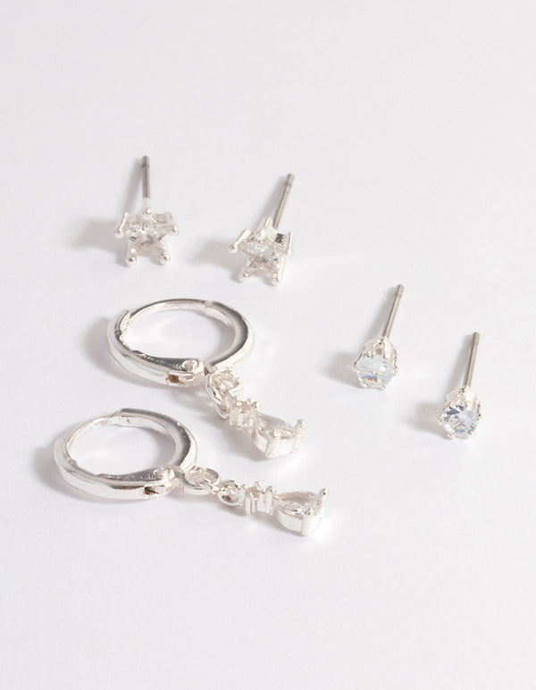 Silver Cubic Zirconia Star & Drop Earrings Pack