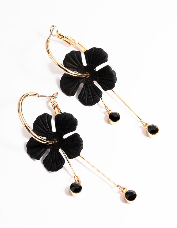 Black Flower Diamante Hoop Earrings