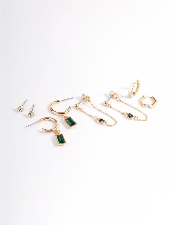 Green Diamante Baguette Earrings 4-Pack