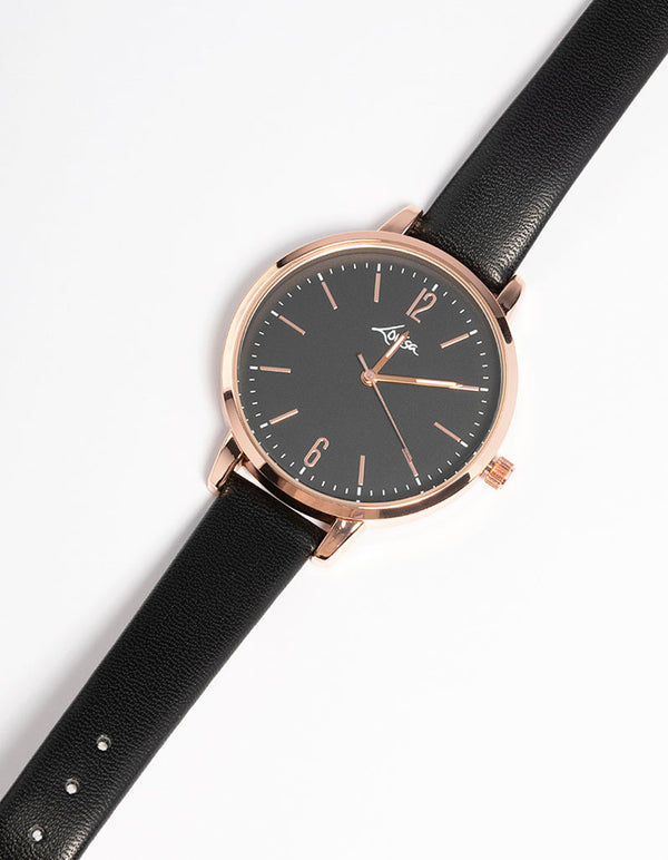 Rose Gold Faux Leather Black Face Watch