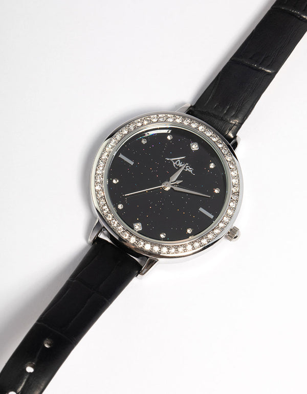 Silver Astrology Diamante Faux Leather Watch