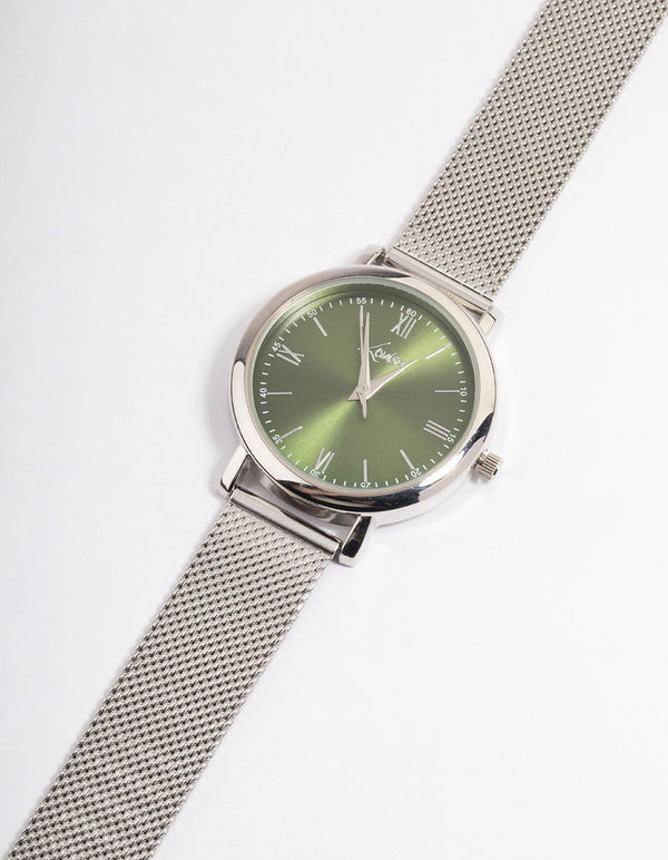 Silver Green Simple Medium Mesh Watch