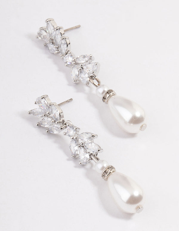 Rhodium Petal Drop Pearl Earrings