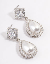 Silver Detail Diamond Pearl Drop Earrings - link has visual effect only