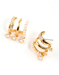 Gold Plated Trio Pearl Diamante Drop Earrings - link has visual effect only