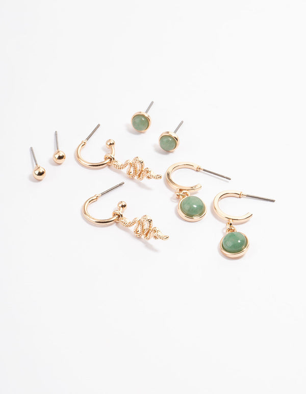 Gold Green Aventurine Snake Stack Earring Pack