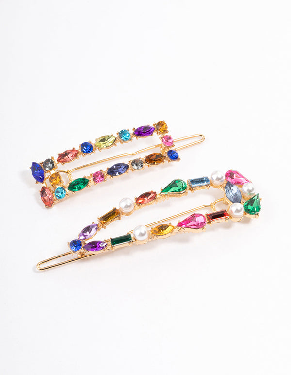 Gold Mixed Stone Pearl Hair Clip Pack