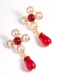 Red Pearl Mini Cross Diamante Earrings - link has visual effect only