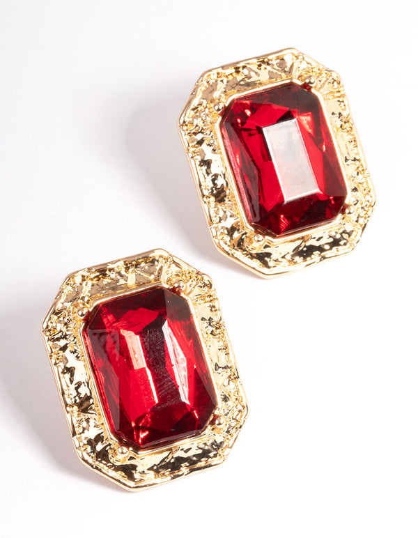 Red Molten Rectangle Diamante Stud Earrings