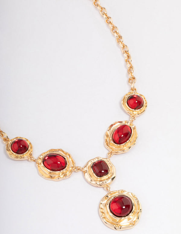 Red Hammered Disc Stone Y-Neck Necklace