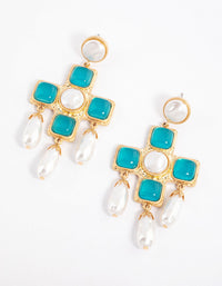 Gold Statement Stone Pearl Cross Earrings - link has visual effect only