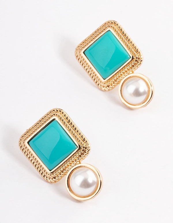 Gold Square Stone Round Pearl Stud Earrings