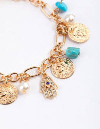 Gold Mixed Stone Coin & Hand Motif Bracelet - link has visual effect only