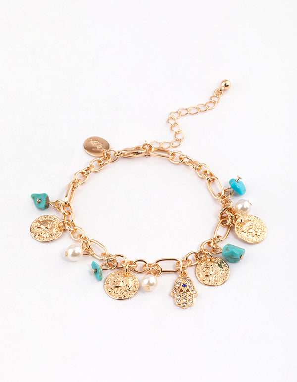 Gold Mixed Stone Coin & Hand Motif Bracelet