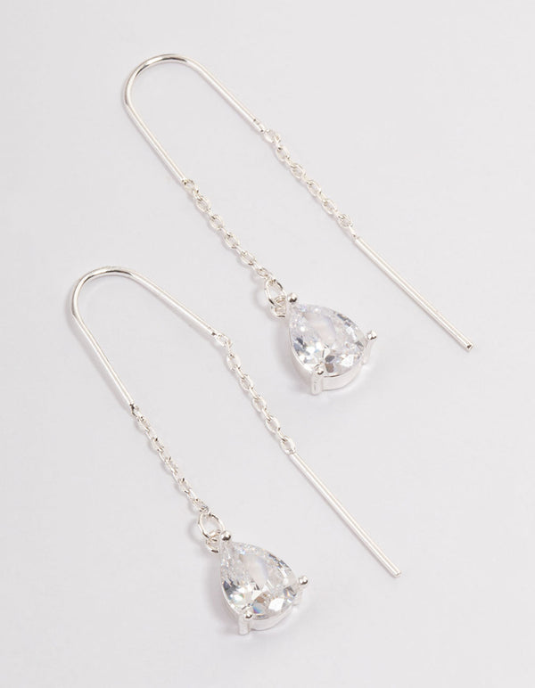 Silver Plated Cubic Zirconia Teardrop Threader Earrings