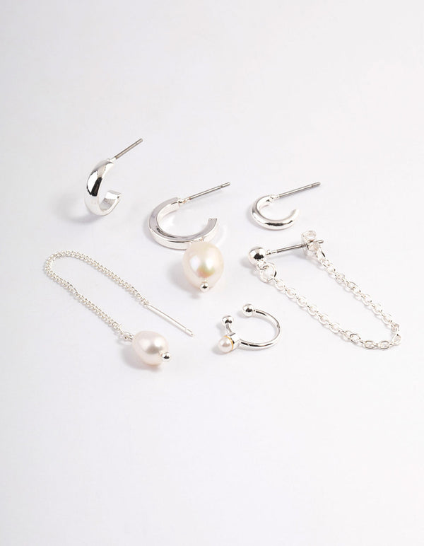 Silver Pearl Threader Stack Earrings