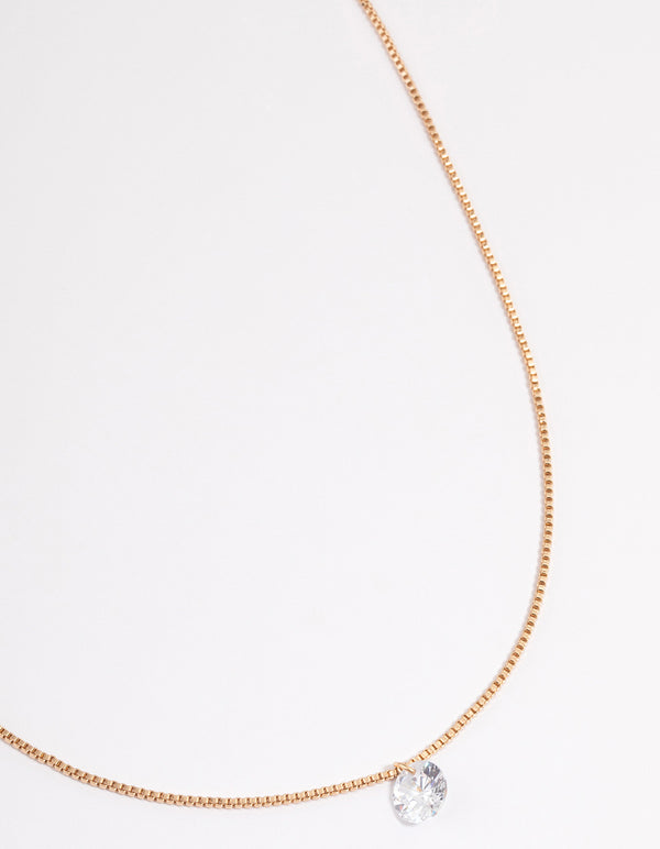 Gold Single Cubic Zirconia Box Chain Necklace