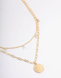 Gold Plated Disc Drop Chain Cubic Zirconia Double Layer Necklace - link has visual effect only