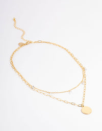 Gold Plated Disc Drop Chain Cubic Zirconia Double Layer Necklace - link has visual effect only