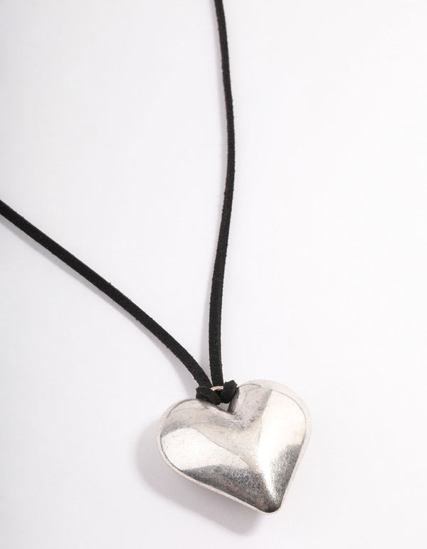 Silver Puffy Heart Black Suede Adjustable Cord Necklace