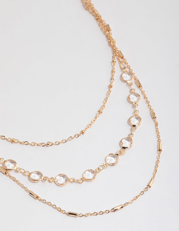 Gold Triple Row Chain Stone Necklace