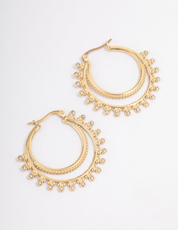 Gold Plated Stainless Steel Diamante Dotted Double Layer Hoop Earrings