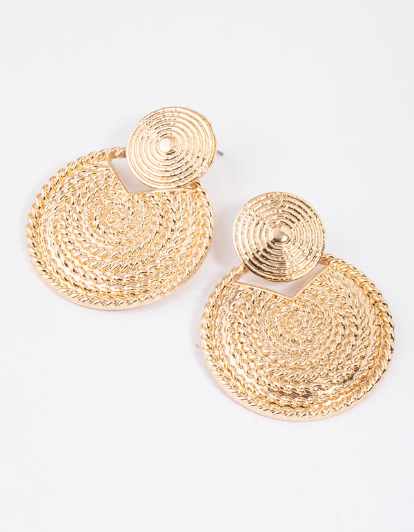 Gold Textured Round Drop Earrings