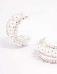 Silver Plated Cubic Zirconia Pearl Layered Small Hoop Earrings - link has visual effect only