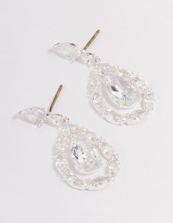 Silver Plated Cubic Zirconia Drop Stud Earrings