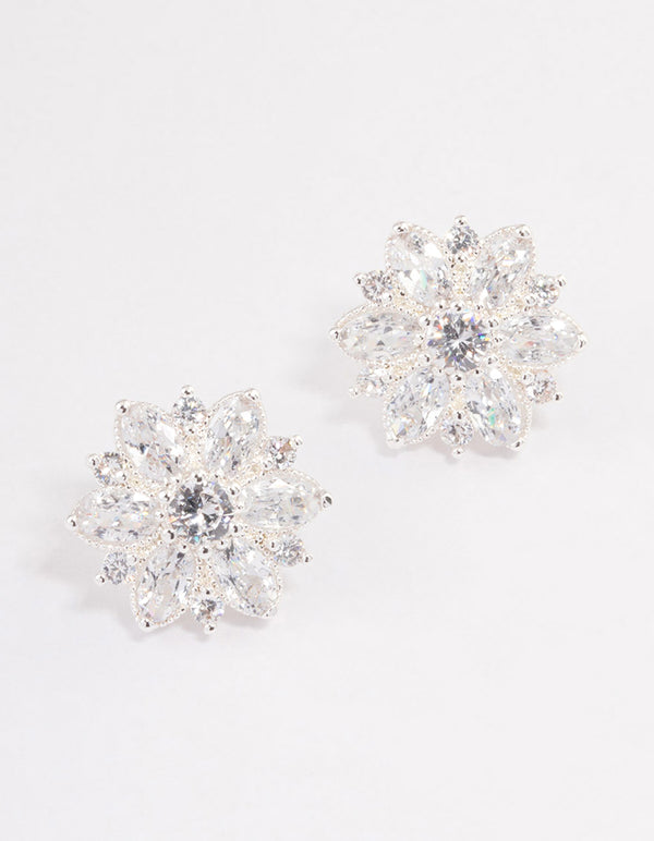 Silver Plated Cubic Zirconia Flower Stud Earrings