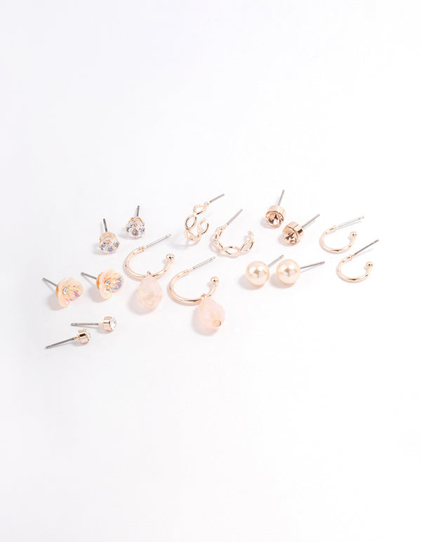 Rose Gold Flower & Facet Earrings 8-Pack