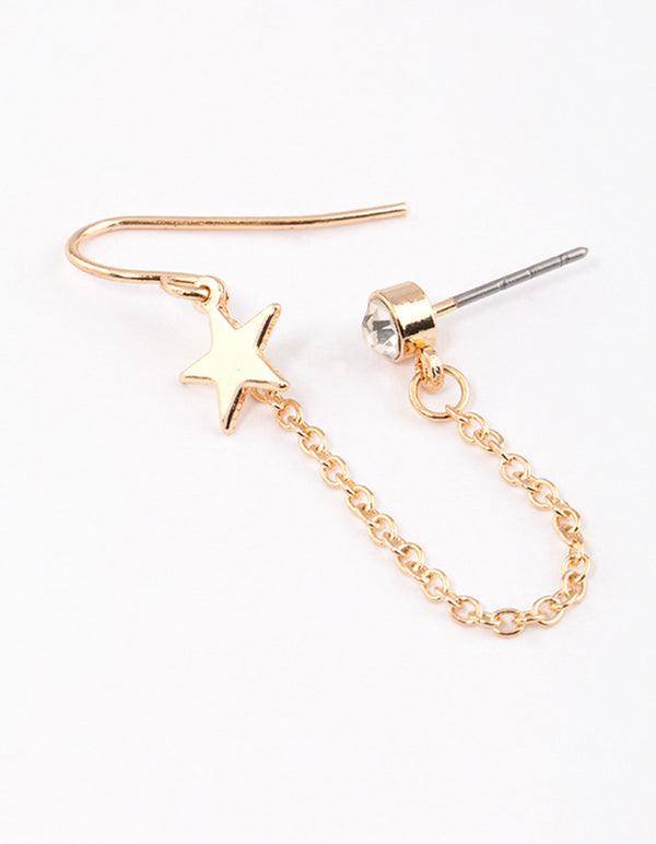 Gold Star & Diamanate Chain Stud Earrings