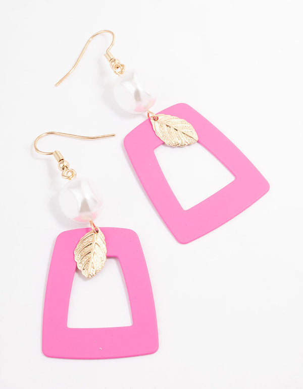 Fuchsia Open Square Pearl & Leaf Drop Earrings