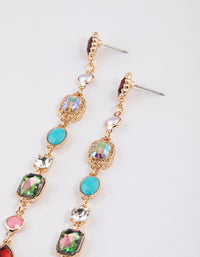 Gold Mixed Jewel Stone Link Drop Earrings - link has visual effect only