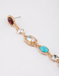 Gold Mixed Jewel Stone Link Drop Earrings - link has visual effect only