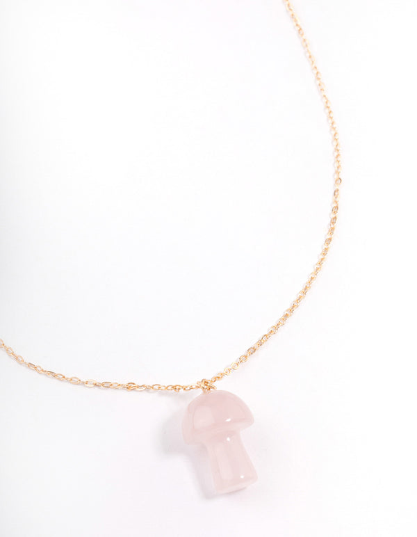 Gold Rose Quartz Moon & Mushroom Pendant Necklace