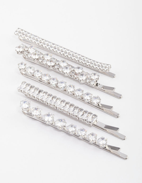 Silver Cubic Zirconia Mixed Stone Hair Clips 4-Pack