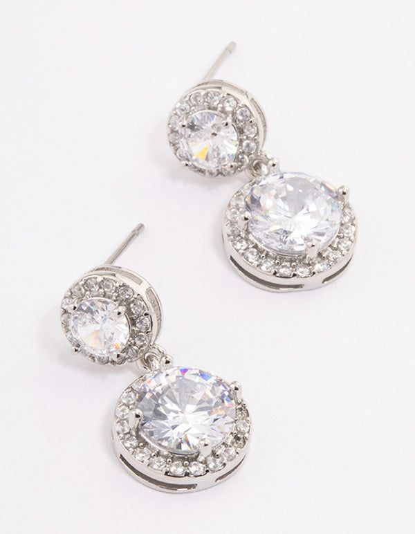 Rhodium Double Halo Round Drop Earrings