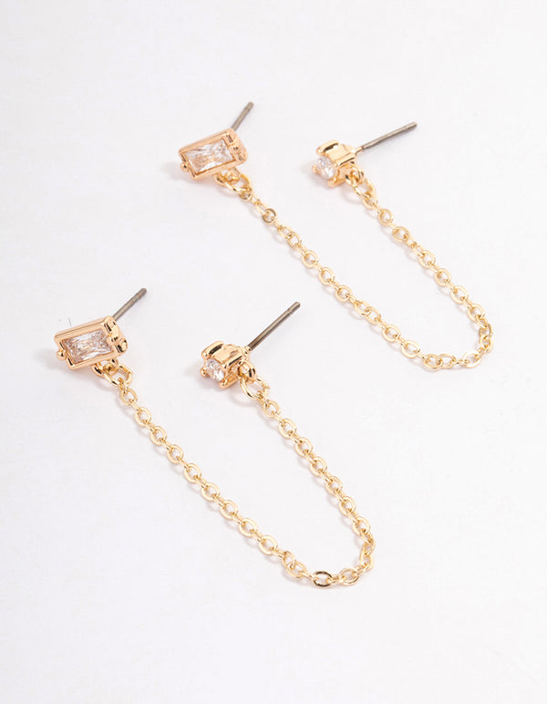 Gold Plated Cubic Zirconia Round & Baguette Chain Earrings