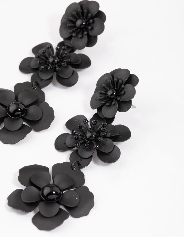 Coated Black Triple Diamante Flower Drop Earrings