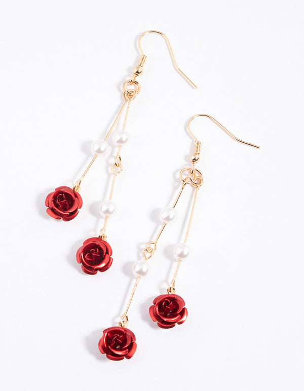 Red Stick Pearl & Rose Drop Earrings