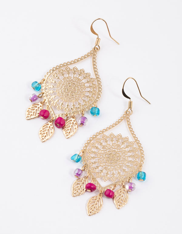 Gold Filo Marquise & Beaded Drop Earrings