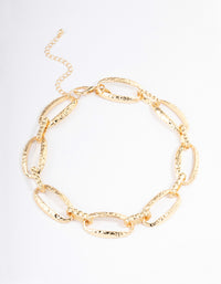 Gold Plated Large Hammered Oval Link Necklace - link has visual effect only