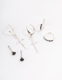 Silver Plated Brass  Cubic Zirconia Dagger Huggie Earrings Pack - link has visual effect only