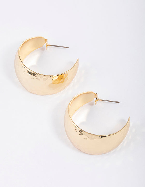 Gold Plated Brass Wide Hammered Hoop Earrings