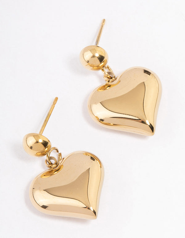 Waterproof Gold Plated Stainless Steel Round & Puffy Heart Drop Earrings