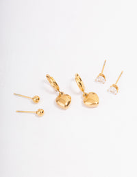 Gold Plated Stainless Steel Cubic Zirconia & Huggie Heart Earrings Pack - link has visual effect only